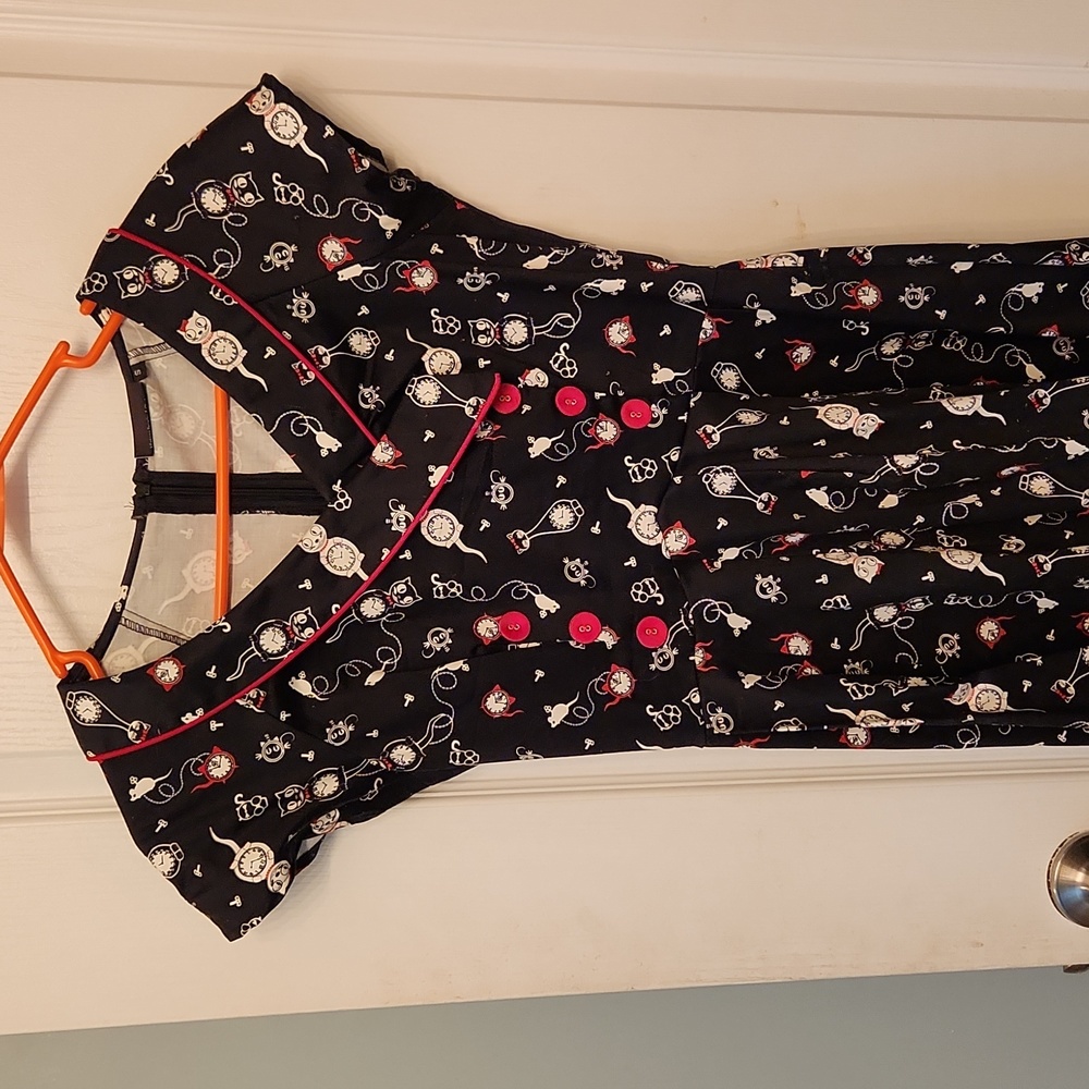 Voodoo Vixen Black Novelty Pocket Watch Print Dress with Pink Trim